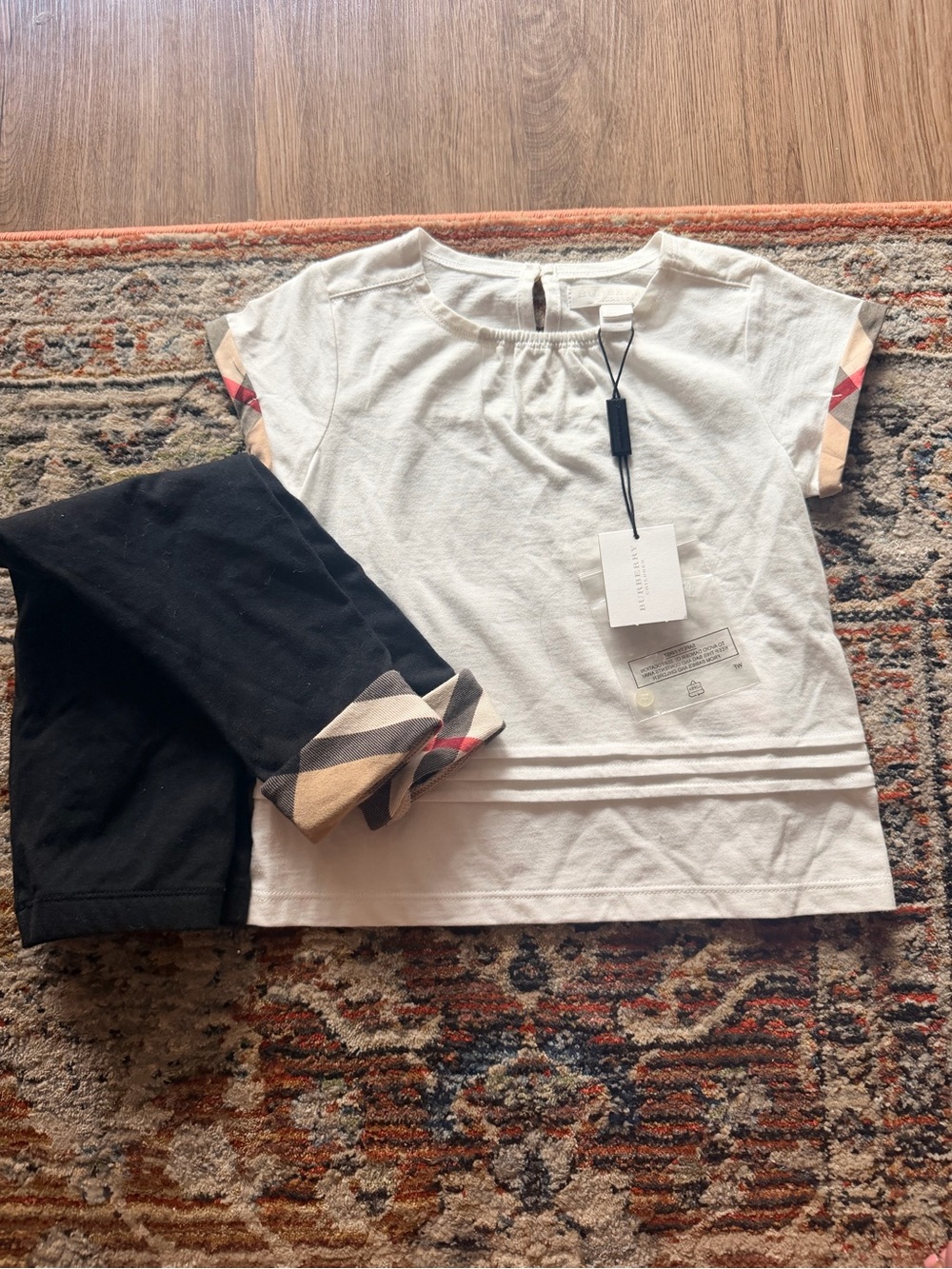 Burberry Girls White Top with Checked Trim and Black Leggings Set